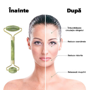 Set Rola de Masaj Facial Zenino® - Gua Sha, Piatra de Jad, Pentru Fata si Corp, Anti-Rid, Verde