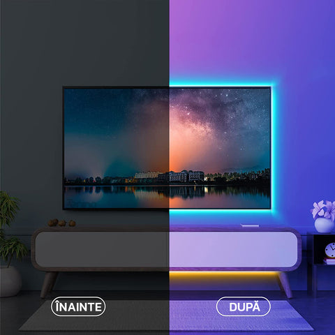 Kit Banda Led RGB Zenino® - Lungime 5M, 300 LED-uri, 15 Moduri de Iluminare, 20 Culori,  Telecomanda 44 Taste, IP65, Negru
