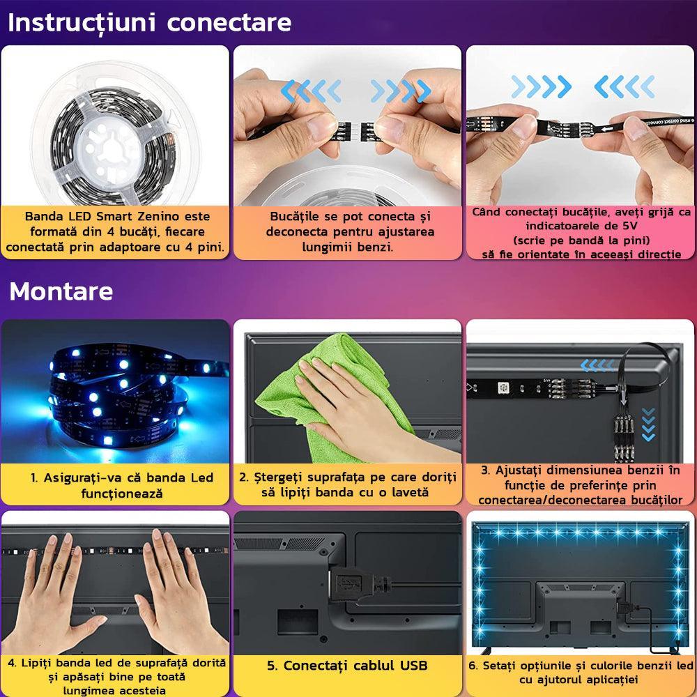 Banda Led Smart RGB, Control prin Aplicatie, Bluetooth, Lungime 5M, Sincronizare Muzica, USB, Moduri de Iluminare, Luminozitate Ajustabila, Lungime Reglabila, Interconectabila, Negru