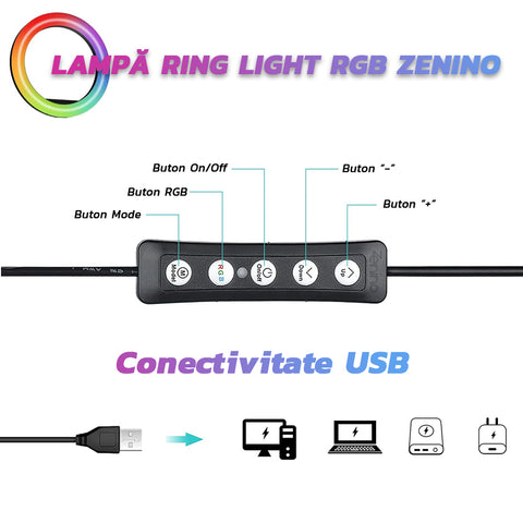 Lampa Circulara Ring Light RGB Zenino® - Diametru 26cm/10 Inch, LED, Trepied 20cm, Suport Telefon, Jocuri de Lumini, 10 Trepte Reglaj, Multicolor