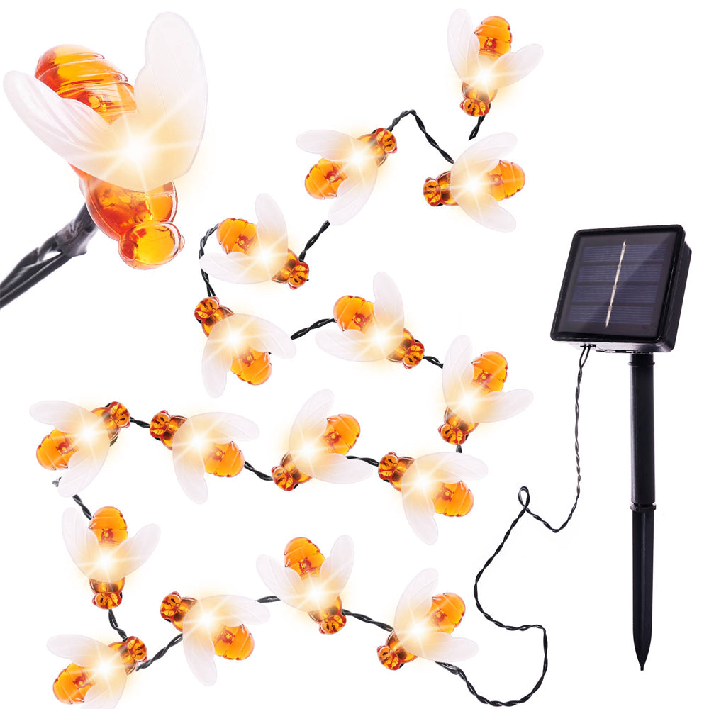 Ghirlanda cu Panou Solar Zenino - 30 Becuri in Forma de Albina, IP65, 2V 100mAh, Lungime 600cm, Alb Cald