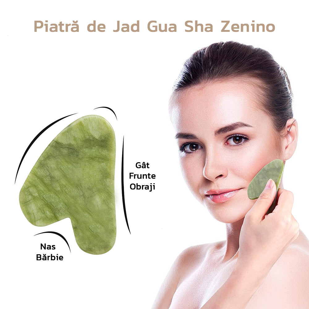 Set Rola de Masaj Facial Zenino® - Gua Sha, Piatra de Jad, Pentru Fata si Corp, Anti-Rid, Verde