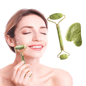 Set Rola de Masaj Facial Zenino® - Gua Sha, Piatra de Jad, Pentru Fata si Corp, Anti-Rid, Verde