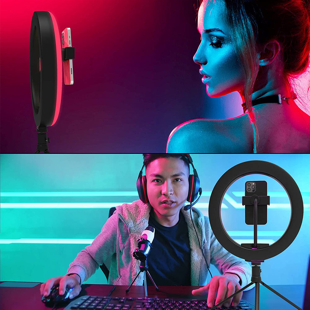 Lampa Circulara Ring Light RGB Zenino® - Diametru 31cm/12 Inch, LED, Trepied 20cm, Suport Telefon, Jocuri de Lumini, 10 Trepte Reglaj, Multicolor
