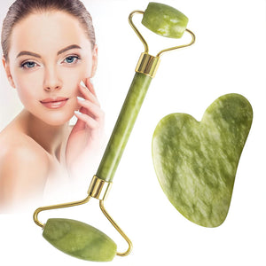 Set Rola de Masaj Facial Zenino® - Gua Sha, Piatra de Jad, Pentru Fata si Corp, Anti-Rid, Verde