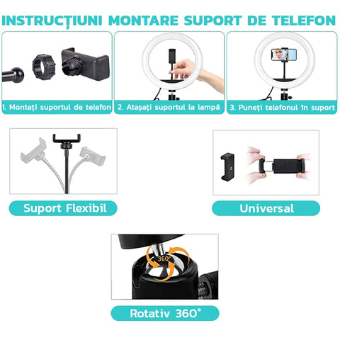 Set 2 Lampi Circulare Ring Light Zenino® - Diametru 6 inch/15cm - 8 inch/20cm, LED, Trepied 20/210 cm Inclus, 3 Moduri de Lumina, 10 Trepte Reglaj Temperatura Culoare, Alb