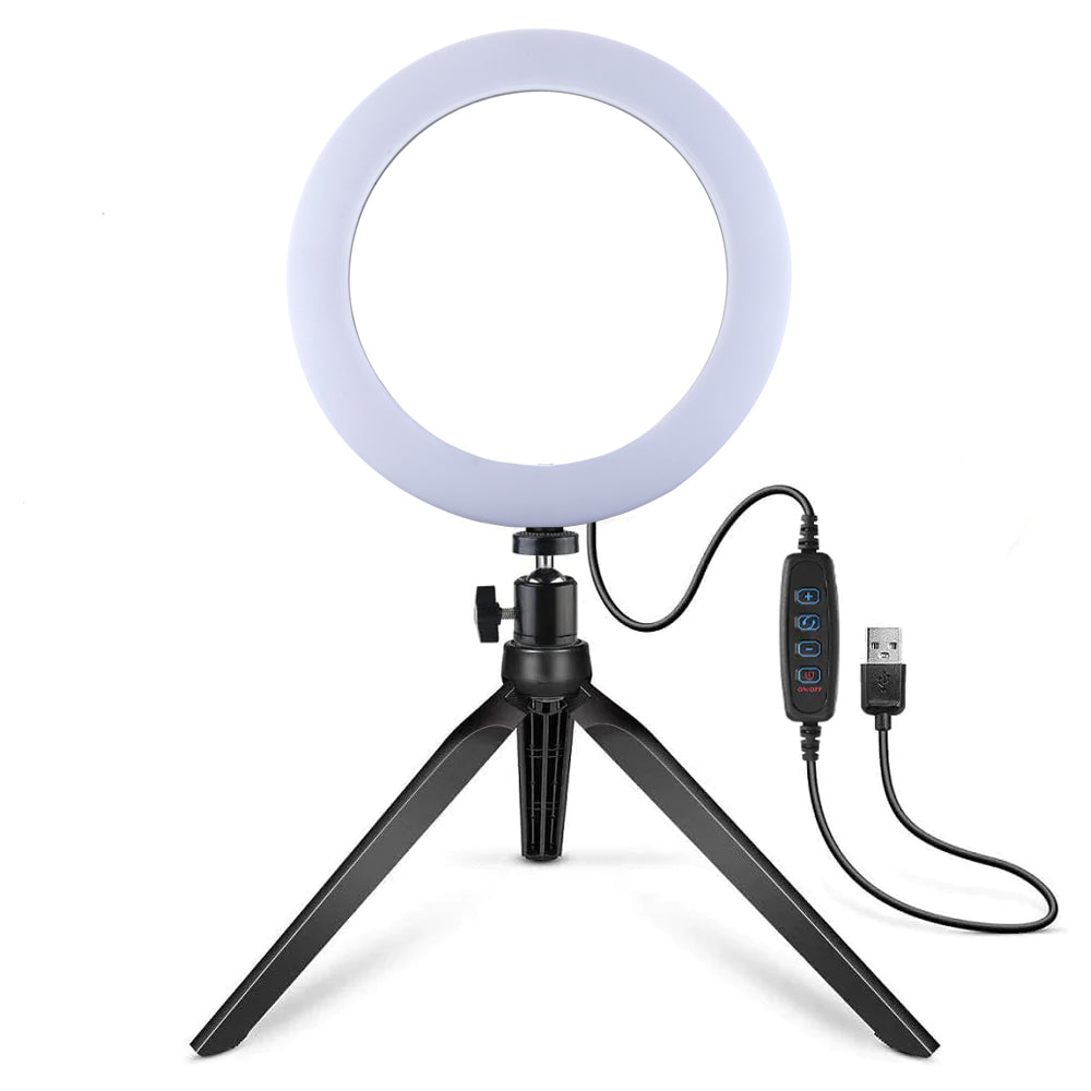 Lampa Circulara Ring Light Zenino® - Diametru 15cm/6 Inch, LED, Trepied 20cm, 3 Moduri de Lumina, 10 Trepte Reglaj, Alb