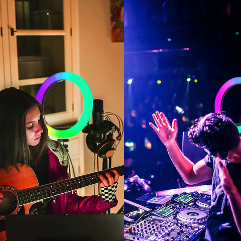 Lampa Circulara Ring Light RGB Zenino® - Diametru 31cm/12 Inch, LED, Trepied 20cm, Suport Telefon, Jocuri de Lumini, 10 Trepte Reglaj, Multicolor