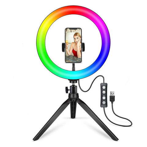 Lampa Circulara Ring Light RGB Zenino® - Diametru 31cm/12 Inch, LED, Trepied 20cm, Suport Telefon, Jocuri de Lumini, 10 Trepte Reglaj, Multicolor