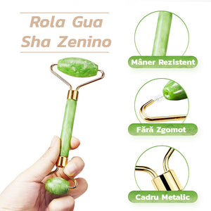 Set Rola de Masaj Facial Zenino® - Gua Sha, Piatra de Jad, Pentru Fata si Corp, Anti-Rid, Verde