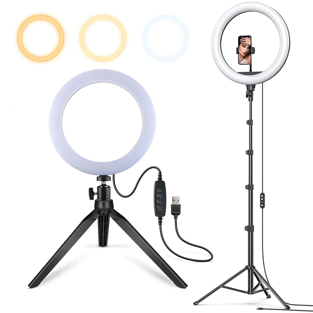 Set 2 Lampi Circulare Ring Light Zenino® - Diametru 6 inch/15cm - 8 inch/20cm, LED, Trepied 20/210 cm Inclus, 3 Moduri de Lumina, 10 Trepte Reglaj Temperatura Culoare, Alb